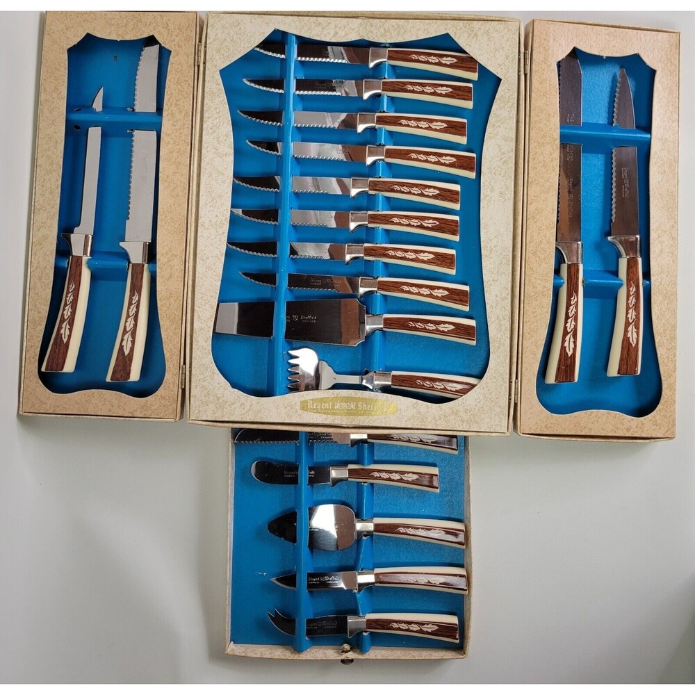 Vtg Regent‎ Sheffield 19 Piece Cutlery Presentation Knife Set England Brown Leaf